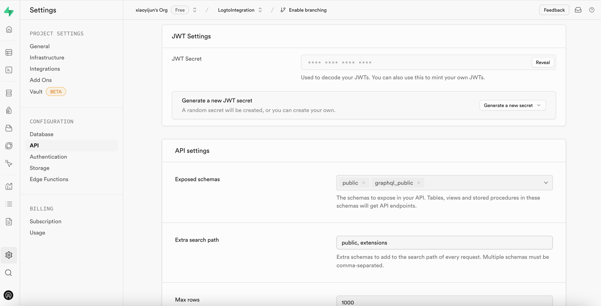 Supabase API-Einstellungsseite